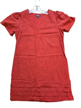 Nicole Miller Linen Blend Shift Dress, Red Botanical Leaf Print, V-Neck Lg